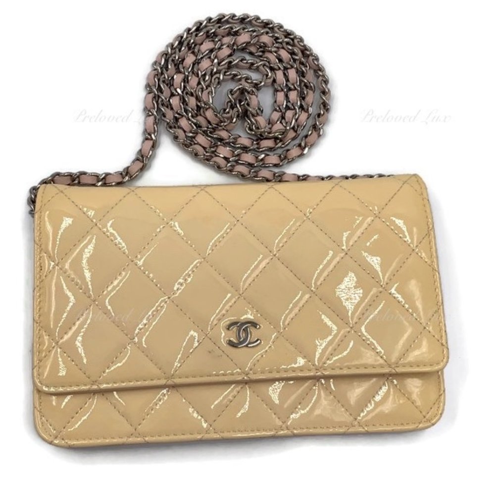 Authentic CHANEL Patent Leather Wallet-on-the-chain WOC Crossbody Flap Bag - Lig